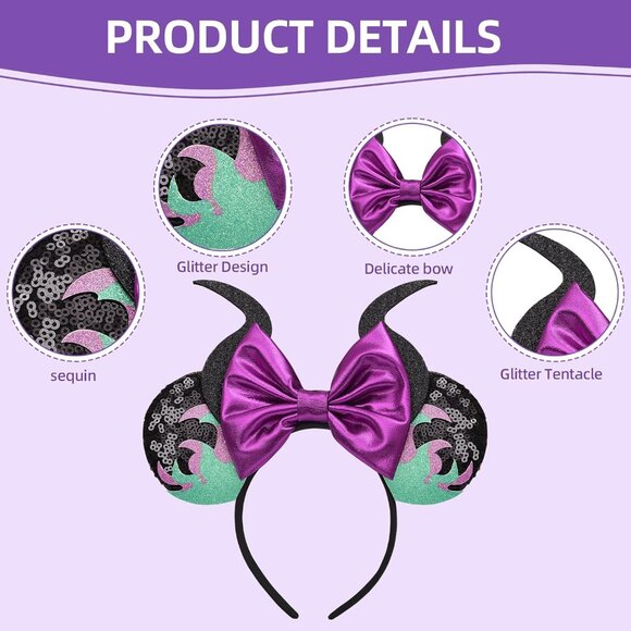 Minnie Mouse Ears Headband, Maleficent Horn Design, Costume Headwear, Purple, On - Picture 4 of 7